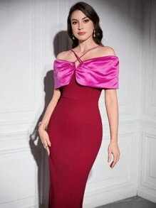 Modelyn Burgundy Red Women's Color Contrast Off-Shoulder Split Hem Halterneck Dress Long Evening Dresses - Burgundy - View 5