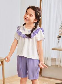 SHEIN Conjunto de Top de Gola Peter Pan e Shorts Casuais de Ajuste Folgado com Blocos de Cor para Meninas Jovens - Multicolorido - Visão 1