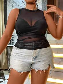 Maweii Plus Ruched Sheer Mesh Tank Top - Black - View 5
