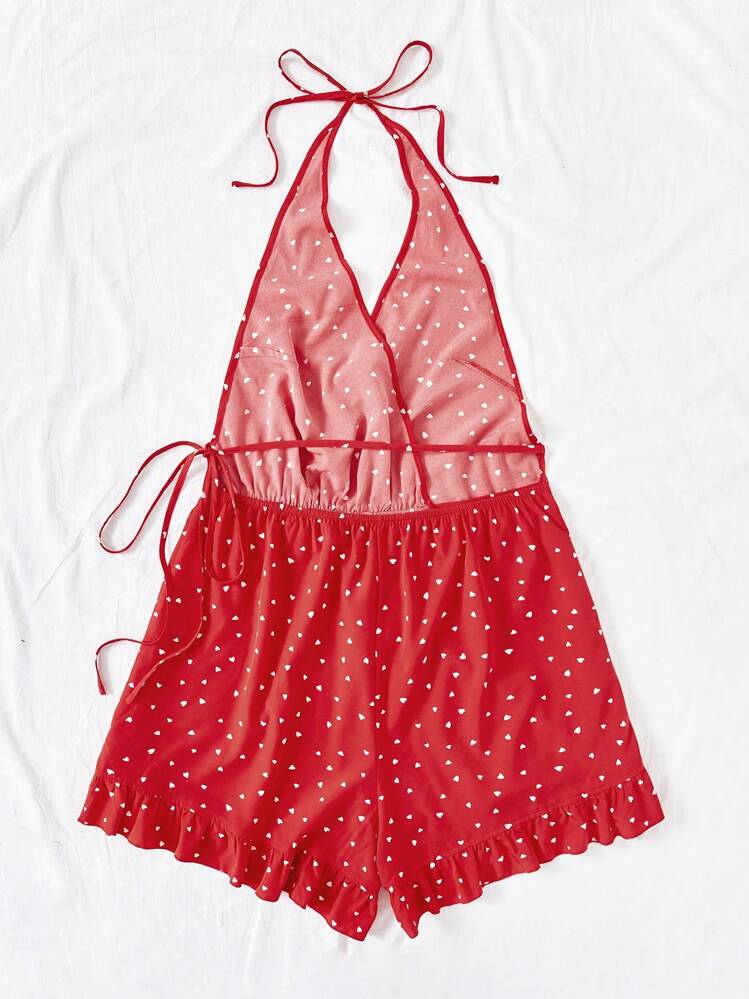 Dreamara Monos con dobladillo de volantes con estampado de corazones para mujeres de talla grande - Rojo - Añade 2