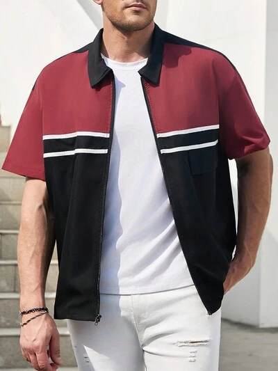 Men's Plus Size Color Blocking Short Sleeve Zipper Shirt