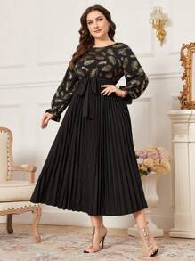 Modelyn Plus Size Women's Feather Pattern Pleated Hem Dress - Multicolor - View 4