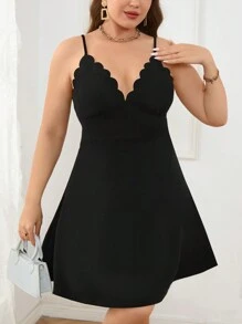 SHEIN Privé 大碼女士短款a字領裙,配有波浪領和黑色褶邊,適合約會、派對、晚宴、春夏時節 - 黑色 - 查看 5