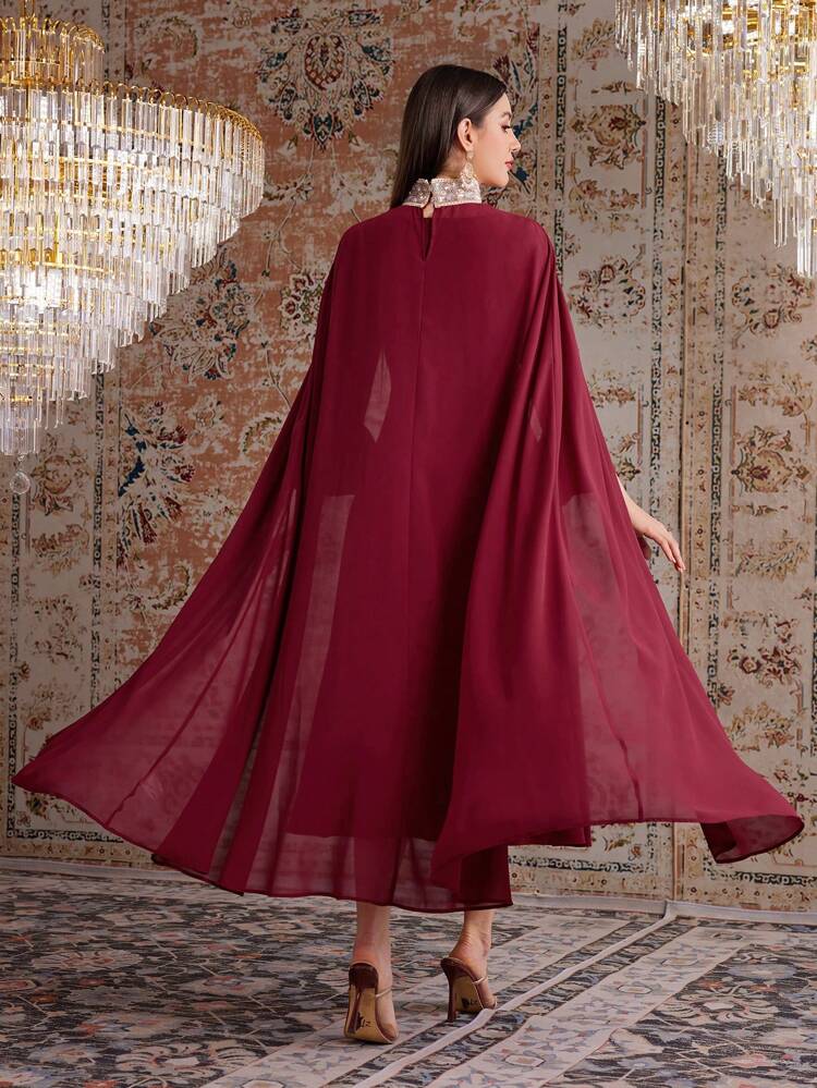 Burgundy Red Women's Bell Sleeve Dress And Shawl 2 Piece Set 2 Piece Set