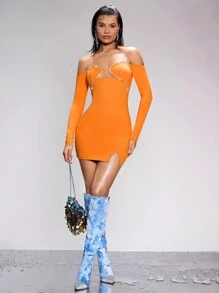 SHEIN BAE 橙色精緻的鑽石裝飾露肩和胸前透視分裂迷你優雅派對禮服 - 橘色 - 查看 1