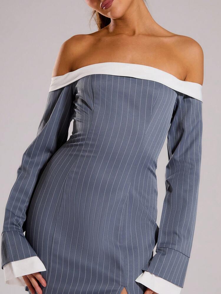 Pinstripe Contrast Old Money Business Bardot Mini Dress Spring Elegant Vacation Sexy Romantic Beach Sun Dress Occasion Cute Summer