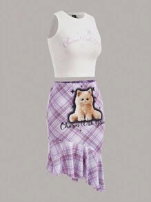SHEINNeu Conjunto de dos piezas Kidcore Dopamina para mujer con chaleco de gato 3D lindo y falda ajustada con estampado de cuadros de gato y cola de pez - Multicolor - Ver 3