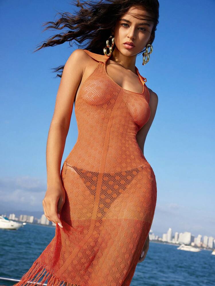 Vacation Style Sexy Hollow Out Polka Dot Cover-Up Dress With Fringe Details For Women, Orange Summer