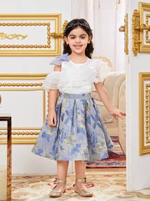 SHEIN Set aus 2 Teilen für Kleine Mädchen: Gerüschte Bluse mit Puffärmeln und Jacquard Rock