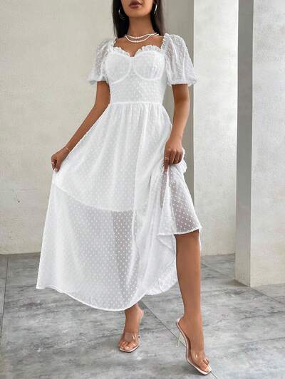 Valentine's Day Swiss Dot Chiffon Dress With Sweetheart Neckline, Wedding Guest Dress