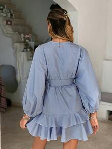 Simplee Women's Summer New Plaid Button Front Lantern Sleeve Ruffle Trim Short Dress, Suitable For Vacation, Shopping, Party Elegant - Blue - View 2