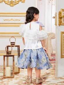 SHEIN Set aus 2 Teilen für Kleine Mädchen: Gerüschte Bluse mit Puffärmeln und Jacquard Rock