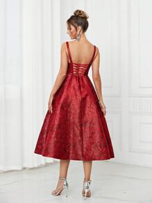 SHEIN Belle Elegante y romántico vestido de satén de jacquard rojo con taza de pecho, estilo de espiga apretado en la espalda, cordones, línea A para fiesta, tiempo de banquete, graduación, cóctel nocturno, vestido de graduación, vestido semiformal, vestido de invitado de boda - Rojo - Ver 2