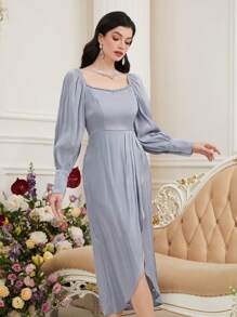 Modelyn 女士优雅连衣裙，纽扣装饰袖口长款晚礼服 - 霧霾藍 - 查看 5