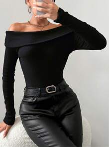 RueChic Women's Slim Fit Off Shoulder Sweater - Black - View 3