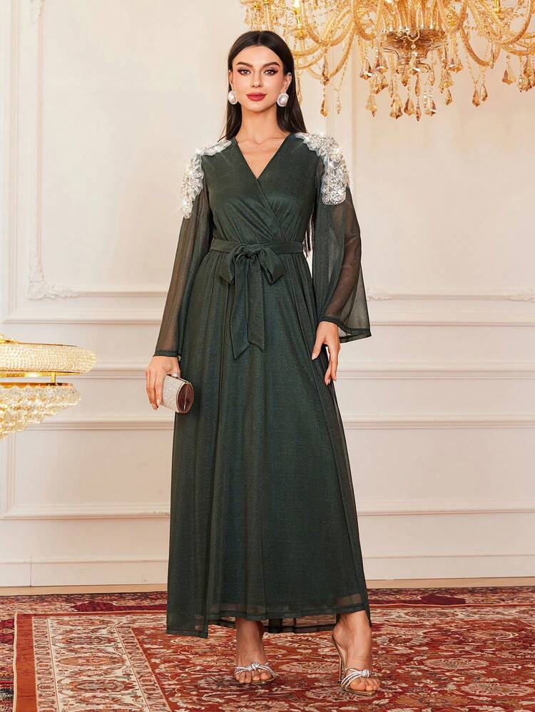 Women's Beaded Embroidery Shawl Wrap Dress,Elegant Evening Party Dress Long Evening Dresses