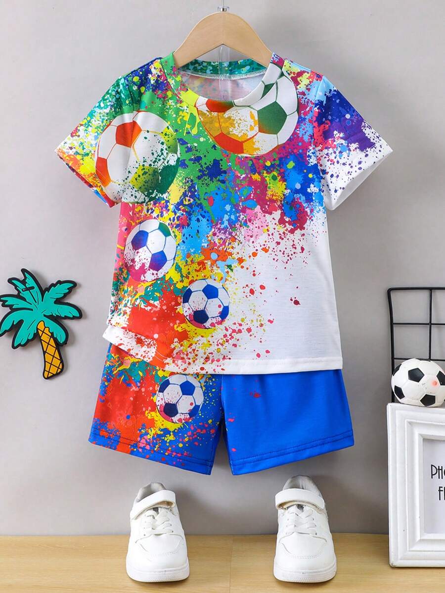 SHEIN Young Boy Soccer Printed Short Sleeve T-Shirt And Shorts 2pcs/Set - Multicolor - View 1