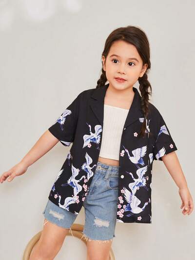 Young Girl's Loose Fit Vintage Casual Holiday Crane Print Short Sleeve Shirt