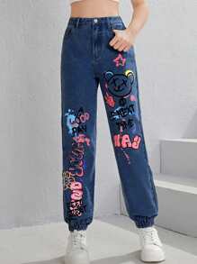 SHEIN Teen Girl Cartoon & Letter Graphic Jogger Jeans - Dark Wash - View 1