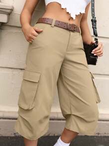 SHEIN EZwear 卡其色梭织女式工装七分裤 - 卡其色 - 查看 3
