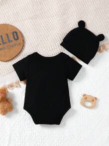 SHEIN Bé sơ sinh bé trai dễ thương in hình gấu có mũ - màu đen - Xem 2