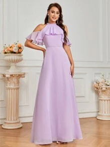 SHEIN Belle Elegant Romantic Charming Purple Ruffle Elegant Off Shoulder A Line Dress For Wedding Holiday Holiday Party Dress Bridesmaid Dress (Adult) - Mauve Purple - View 6