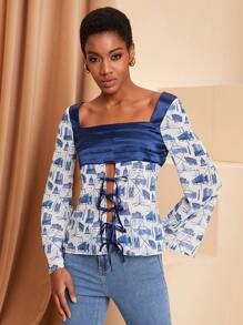 GSS Designer Business Casual Printed Chiffon Mix Satin Long Sleeve Blouse, For Holiday, Vacation, Spring, Beach, Festival, Ibiza Fits, Office - Blue - View 3