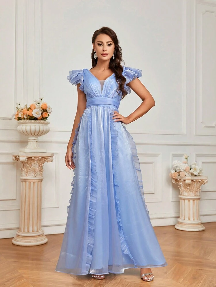 Elegant Romantic Women's Sexy V Neck Ruffle Decorated Back Heavy Evening Dress