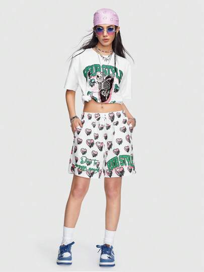 ROMWE Avant Pantalones Cortos Informales Con Eslogan Con Logotipo Estampado De Corazón Y Calavera Para Hombre, Adecuados Para Primavera Y Verano