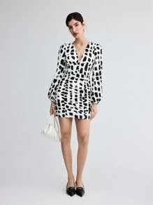 BizChic Của phụ nữ In hoa Đã thu thập Eo Tay áo dài Đầm - Đen và trắng - Xem 7
