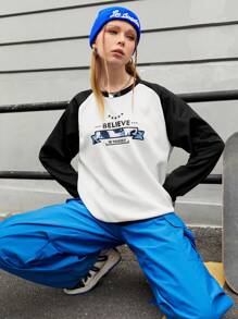 Streetz SHEIN Sport Color Block Letter Print Round Neck Sports Sweatshirt - Black and White - View 4
