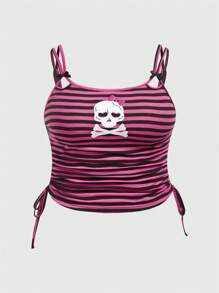 ROMWE Kawaii Camiseta de tirantes de estilo Kawaii con rayas negras y rosas, bordado de calavera, para mujer talla grande, escuela