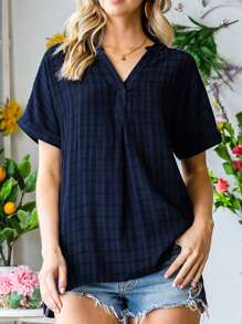 Women's V-Neck Loose Striped Top - Navy Blue - View 5