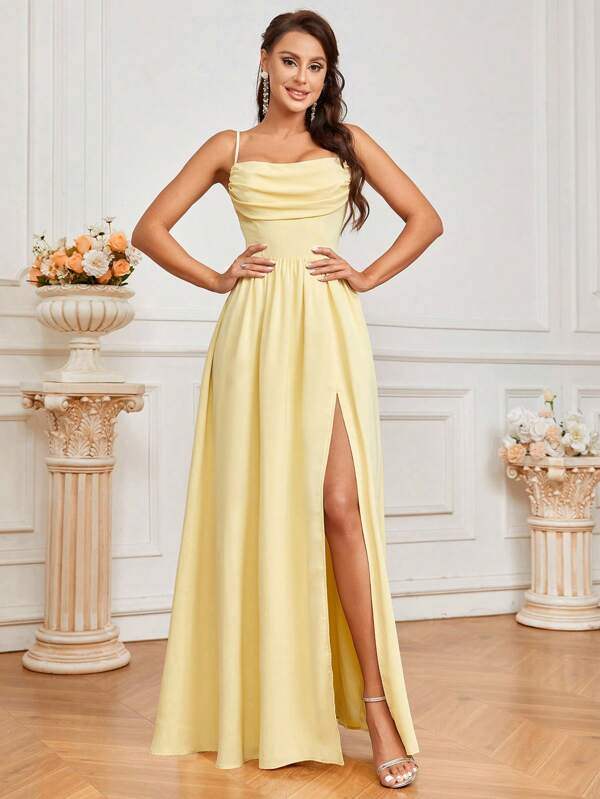 SHEIN Belle Vestido elegante para mujer de línea A, con pliegues y lazo de cuerda en la espalda en color amarillo, con pliegues huecos y altas aberturas laterales. Ideal para vestir en banquetes, adecuado para vestido de dama de honor elegante para adultos.