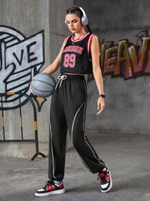 Streetz SHEIN Sport Joggers Con Cordón Y Bajos Con Puños Para Mujer - Negro - Ver 4