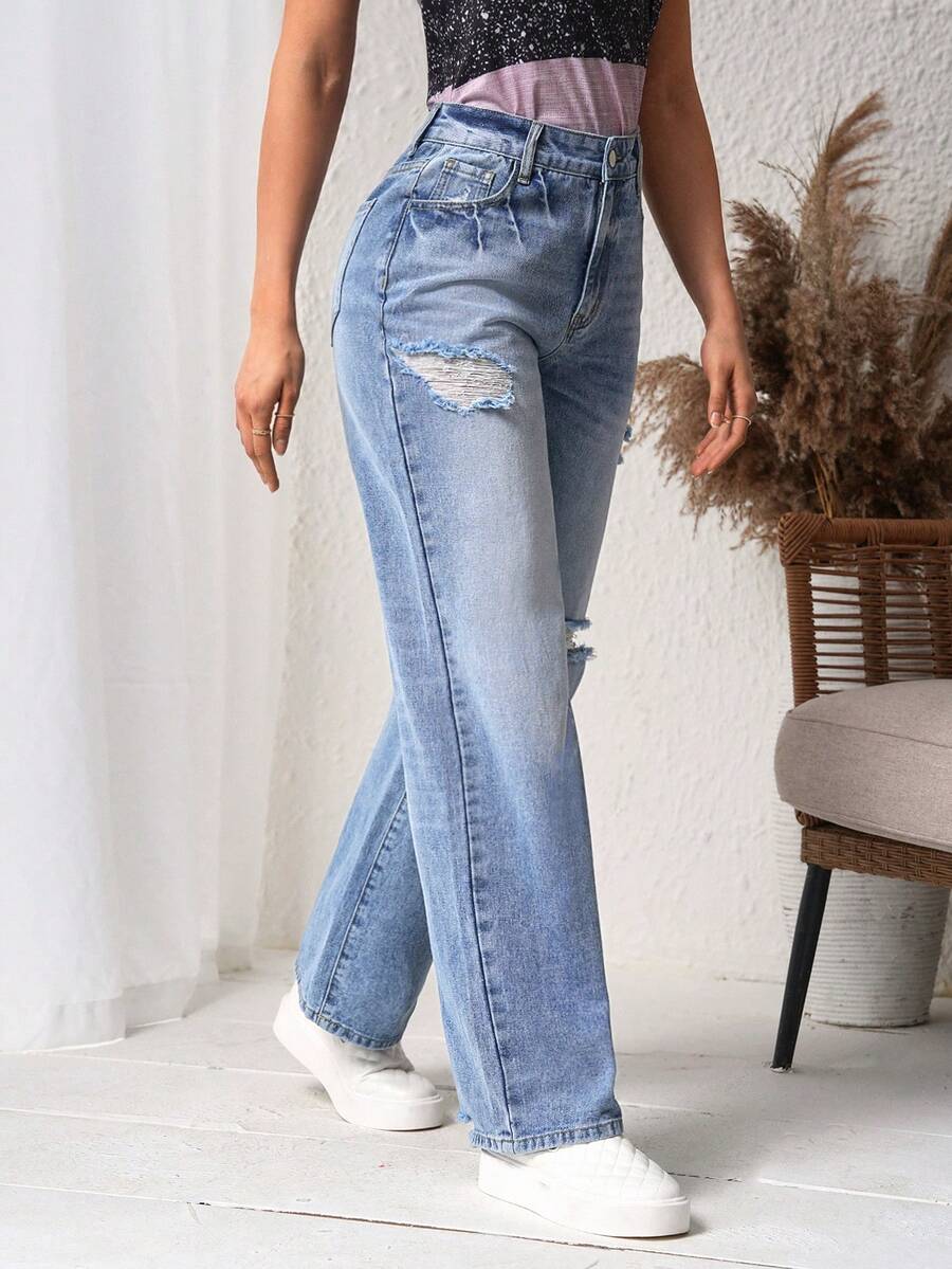 Của phụ nữ Đau khổ Quần denim Với Túi - Màu xanh lam - Xem 1