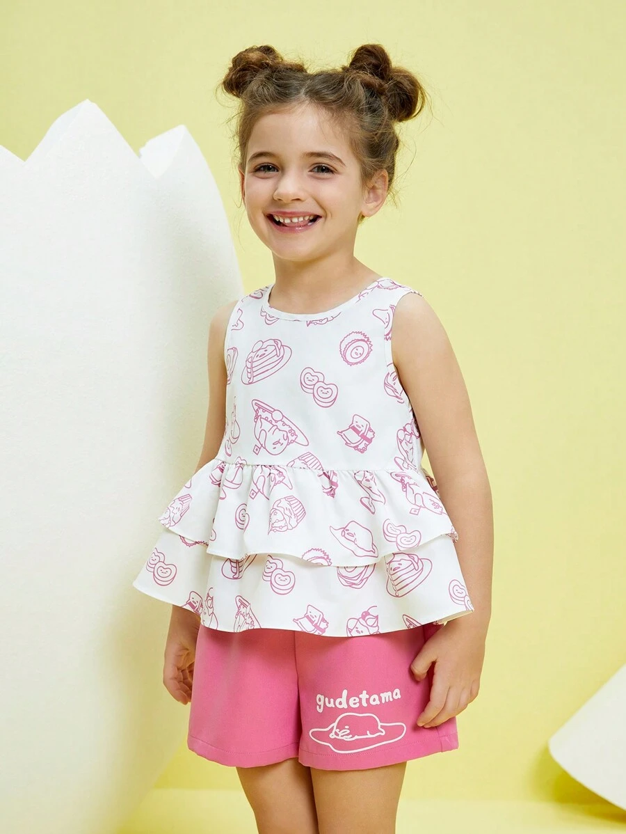 Gudetama X SHEIN Young Girl Cartoon Graphic Ruffle Hem Tank Top & Shorts Set - Multicolor - View 1
