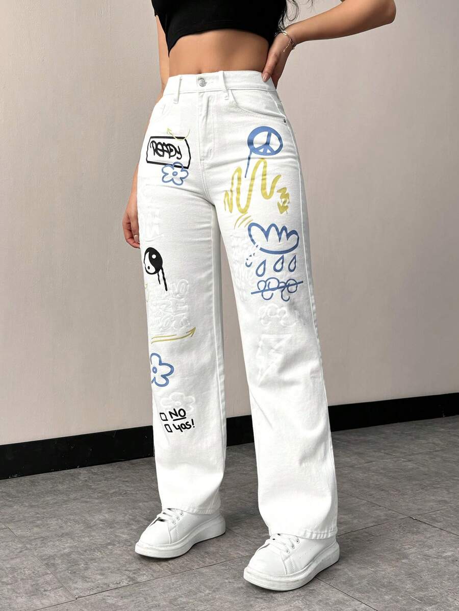 SHEIN ICON 女士時尚印花牛仔褲 - 白色 - 查看 1