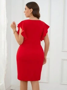 SHEIN Privé 大码女士优雅荷叶边V领开衩连衣裙，红色，适合浪漫约会、聚会、日常穿着、春夏派对 - 紅色 - 查看 2