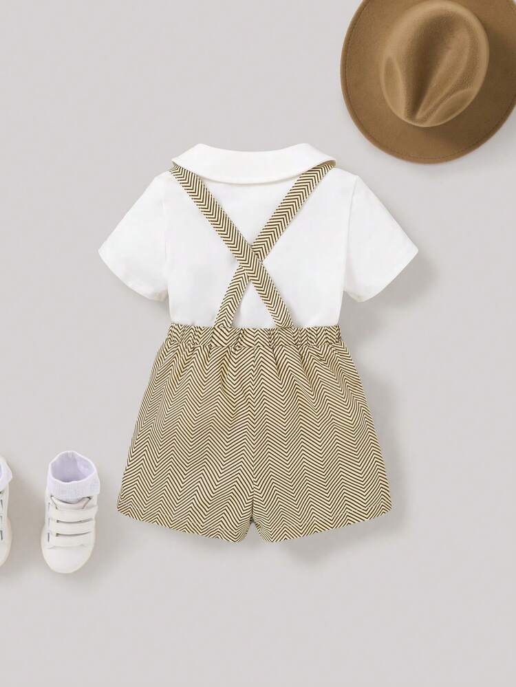 Baby Boy's Peter Pan Collar Half Buttoned Shirt And Houndstooth Patterned Overalls Set