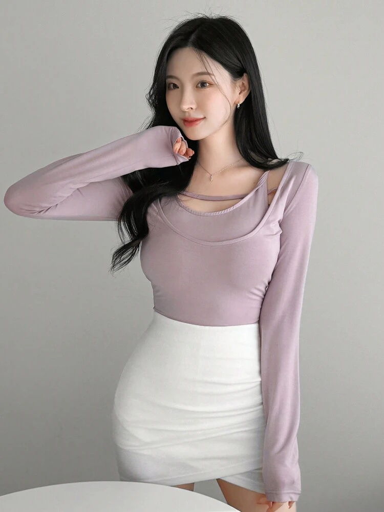 2pcs/Set Ladies' Solid Color Round Neck Long Sleeve Top And Vest
