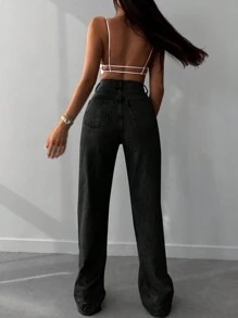 EURMUSE High Waisted Raw Hem Wide Leg Jeans - Black - View 2