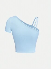 SHEIN Teen Girl's Asymmetrical Neck Ribbed Knit Vacation Short Sleeve T-Shirt - Baby Blue - View 2