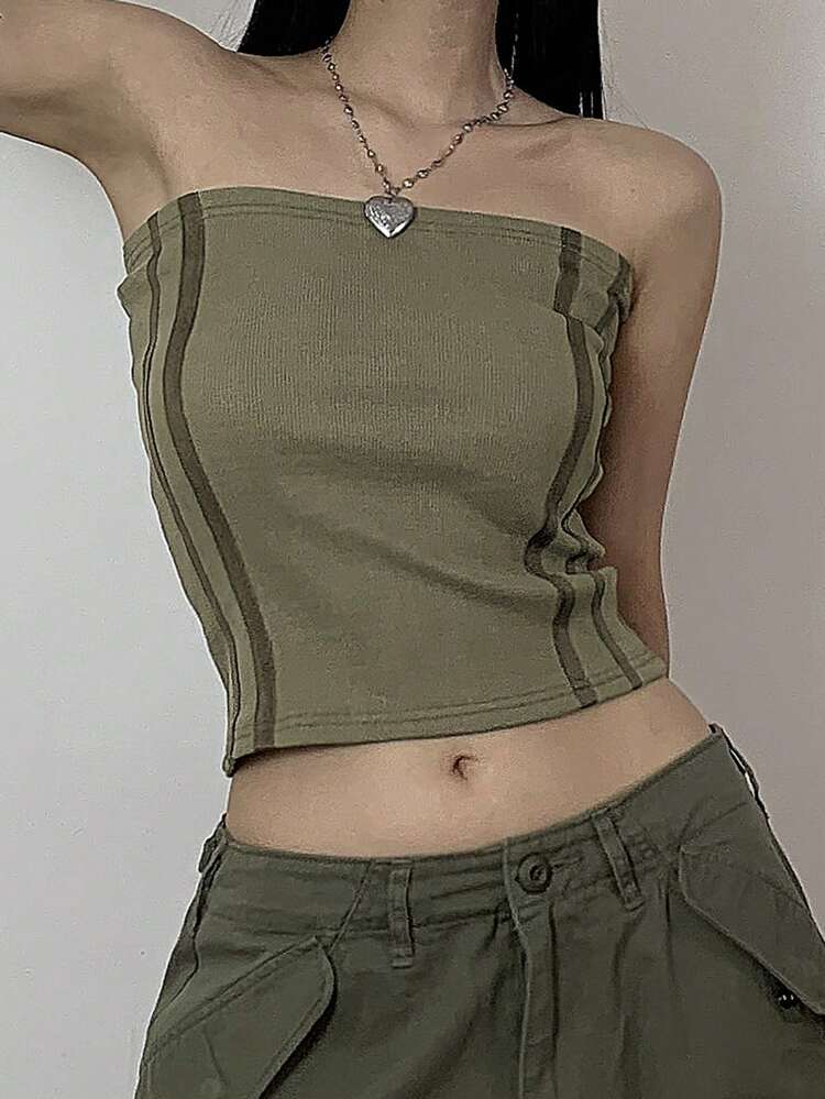 Women's Striped And Printed Strapless Fashion Top