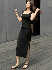 DAZY 女士镂空露背紧身连衣裙太阳裙 - 黑色 - 查看 4