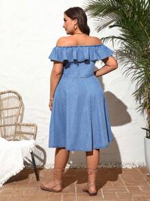 SHEIN VCAY Vestido De Verano De Mezclilla De Talla Grande Con Dobladillo Con Volantes, Escote Descubierto Y Detalle Del Festival De Música Country - Lavado ligero - Ver 2