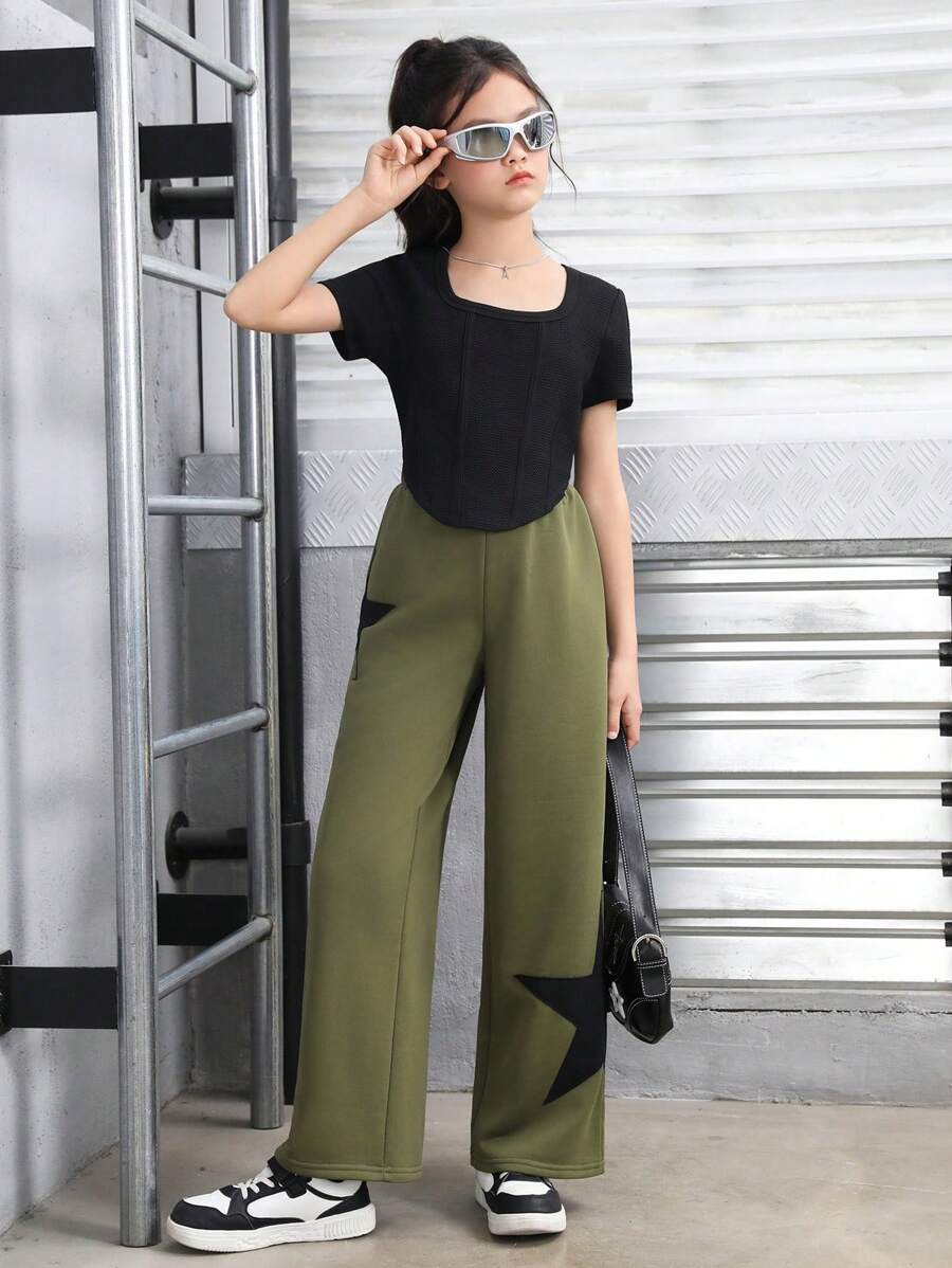 Tween Girl Sports Street Style Knit Solid Color Square Neck Short Sleeve Top And Knit Shorts Set - Army Green - View 1
