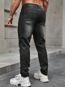 Manfinity LEGND Męskie jeansy slim fit z przetarciami i wąsami Długie postrzępione dżinsy Cargo Zwykły czarny Party Grunge