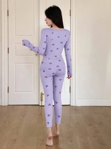 DAZY 女士心形印花长袖T恤和裤子睡衣套装，秋季服装 - 紫色 - 查看 2