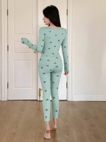 DAZY Ensemble Pyjama Pour Femme, Tee-shirt Manches Longues Et Pantalon Long Imprimé Coeurs
